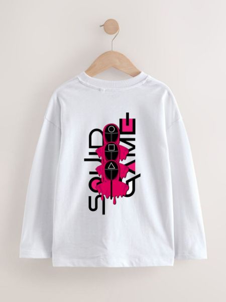 تصویر  بلوز آستین بلند سفید طرح اسکوئیت گیم